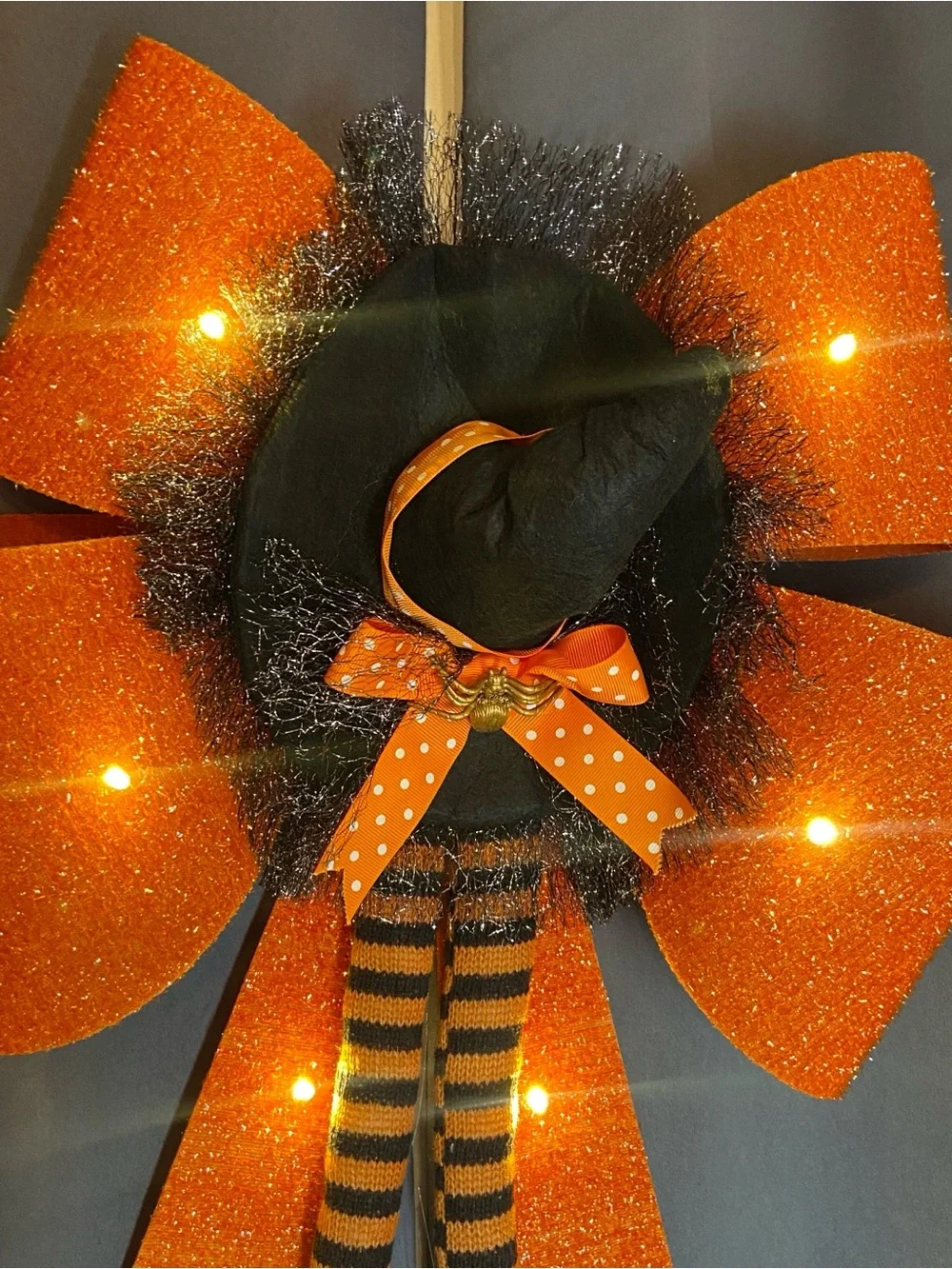 LED Lighted Halloween Witch Bow Door Hanger - Orange & Black‎ 24”